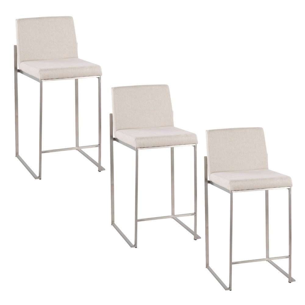 LumiSource Set of 3 Fuji High Back Counter Height Barstools Stainless Steel/Beige