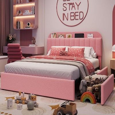 Queen Bed Frame with Storage Headboard, 2 Drawers, Upholstered Platform, Bookcase, No Box Spring Needed