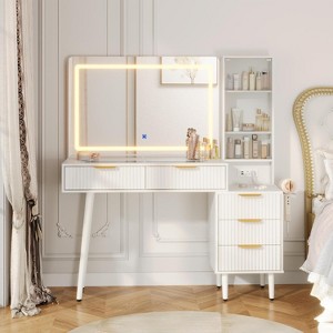 48" Makeup Vanity with 36" Mirror and Light, 3 Color Modes, Glass Top Dressing Table with 5 Drawers, 3 Shelves and Built-in Outlets for Bedroom - 1 of 4