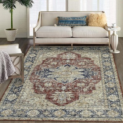Washable Vintage Medallion Area Rug Non Slip Backing Stain Resistant & Low Pile Carpet for Bedroom Living Room Dining Room Bedroom