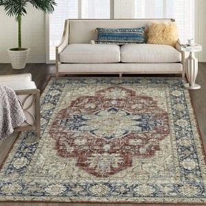 Washable Vintage Medallion Area Rug Non Slip Backing Stain Resistant & Low Pile Carpet for Bedroom Living Room Dining Room Bedroom - 1 of 4