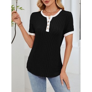 Women's Henley Short Sleeve Top Contrast Trim Ribbed Knit T Shirt - 1 of 4