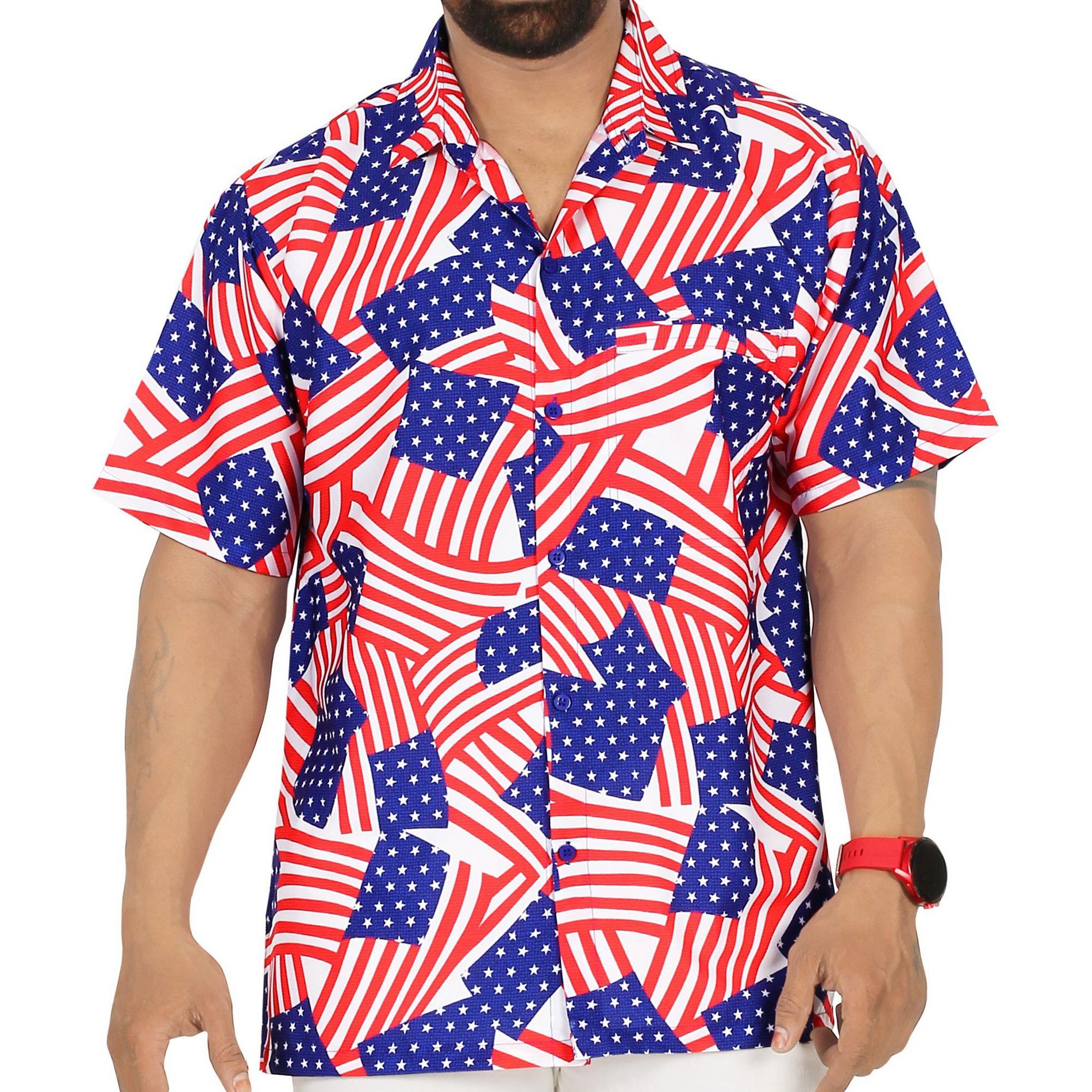 LA LEELA Men's 4th of July Hawaiian American US Flag Shirt Holiday Short Sleeve Button Down Patriotic Shirts for Men 5XL Stars Stripes Red