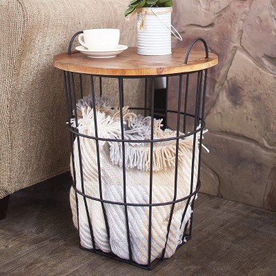 Round Metal Wire Basket Side Table with Wooden Lid