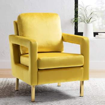 Pene Velvet Accent Armchair with Golden Metal Base and square open-framed arm | Karat Home