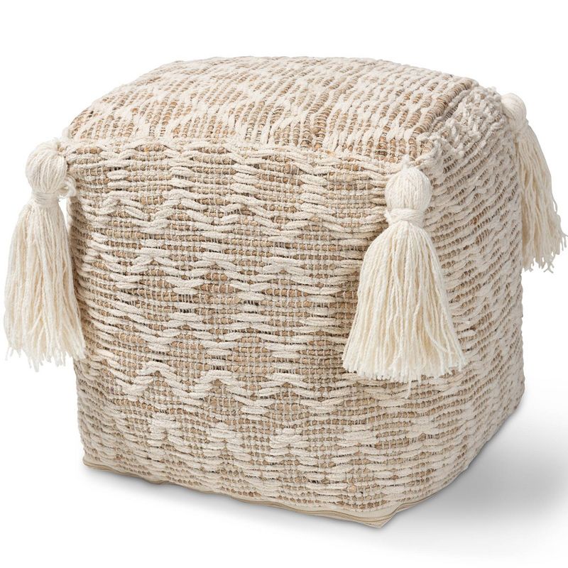 Noland Handwoven Moroccan Inspired Pouf Ottoman Natural/Ivory - Baxton Studio, 1 of 8