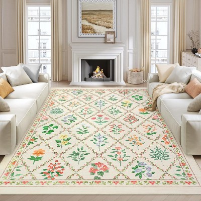 Washable Modern Floral Rug - Non-Slip Lightweight Thin Carpet, Non-Shedding Soft Low Pile Floor Cover for Bedroom Living Room