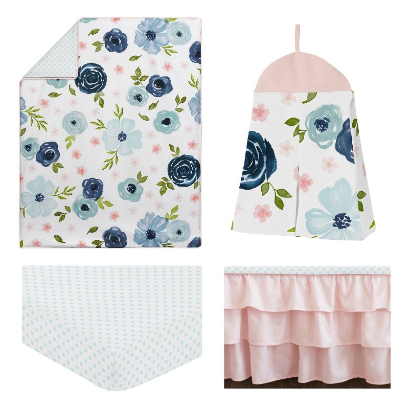 Sweet Jojo Designs Girl Baby Crib Bedding Set - Watercolor Floral Collection Navy Blue Pink 4pc, 3 of 8
