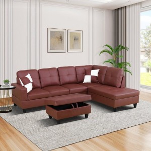 Elegant Red Semi-PU Leather Sectional Sofa - L-Shaped Design, Plush Cushions, Storage Ottoman, Modern Living Room Furniture - 1 of 4