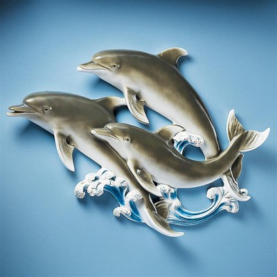 Hand-Painted Resin Dolphin Trio Wall Sculpture
