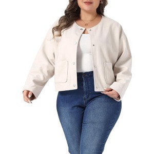 Women's Plus Size Button Down Long Sleeve Casual Cropped Bomber Jacket with Pockets - Agnes Orinda - 1 of 4