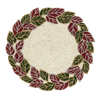 Saro Lifestyle Beaded Leaves Placemat, 15" Round, Red/Green