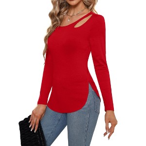 Women Long Sleeve Cut Out T Shirts Crew Neck Solid Loose Fit Shirt Top Tee - 1 of 4