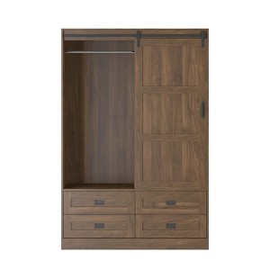 Maliang Tall Bedroom Armoire, Wardrobe Closet, Clothing Storage Cabinet with Hanging Rod, Barn Door, Drawers, Open Shelves - 1 of 4