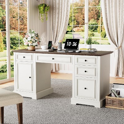 Vipbear 60" Farmhouse Executive Desk, Wood Computer Office Desk with Drawers & Cabinet, Rustic Home Office Desk Workstation