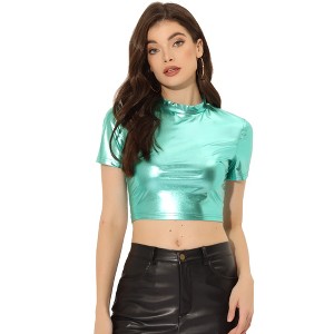 INSPIRE CHIC Women's Party Short Sleeve Mock Neck Holographic Metallic Crop Top - 1 of 4