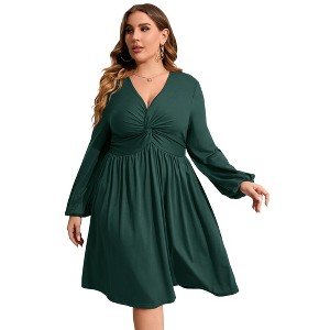Clearlove Plus Size Dresses for Women V Neck Long Sleeve Twist Knot Front Flowy Dresses - 1 of 4