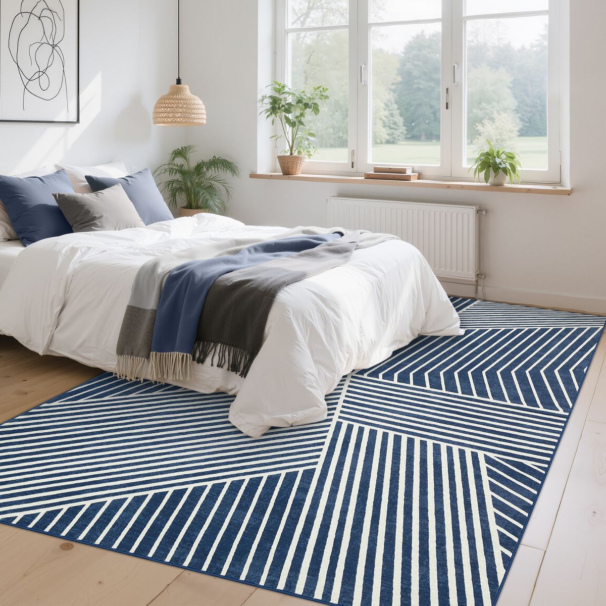 Modern Rug for Living Room Geometric Striped Floor Mat with Non-Slip Backing, Foldable Ultra-Thin Bedroom Carpet, Non-Shedding Low Pile Indoor Carpet - thumbnail 4