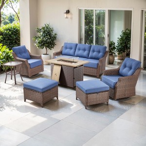 POCASSY 7 Piece 6 inch Thick Upholstered Cushion Patio Furniture Set with Fire Pit Table, All Weather Brown Wicker Outdoor Conversation Set for Deck - 1 of 4