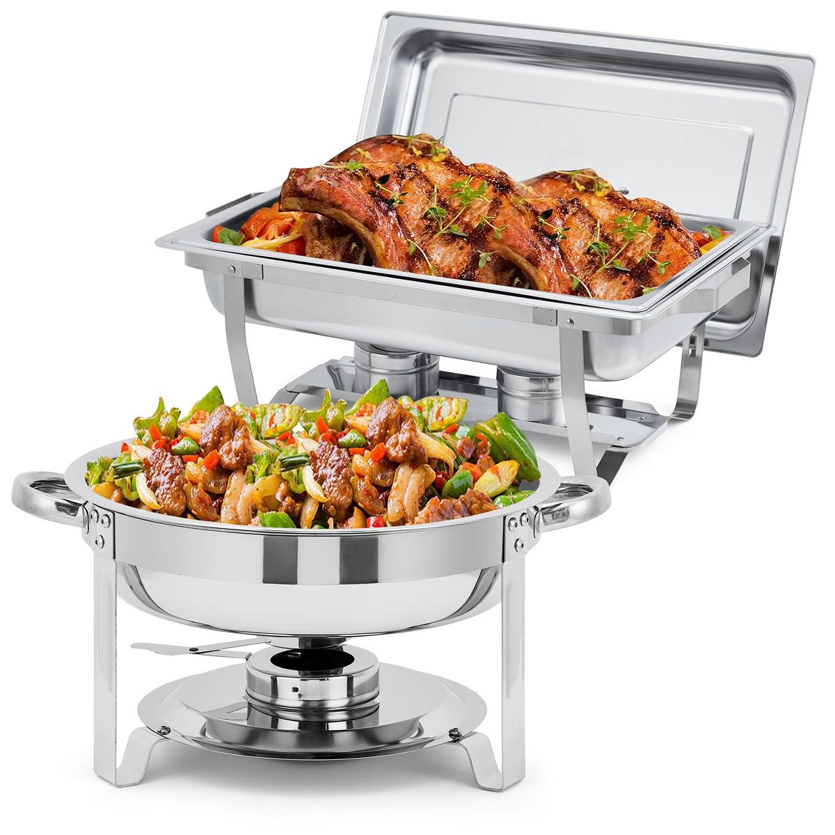 Professional Chafing Dish Set, 6 Pack Stainless Steel Buffet Servers – 8QT Rectangular & 5QT Round with Lids for Catering