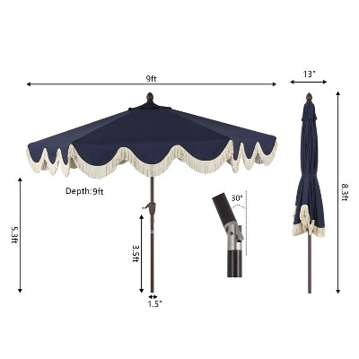 Navy and Cream 9 ft. Cottage Tassel Patio Umbrella