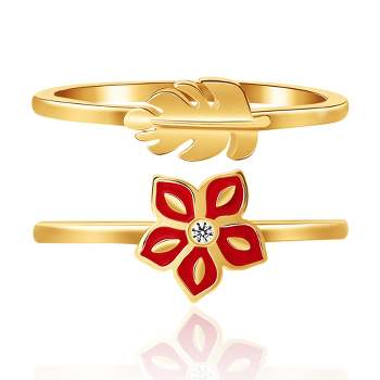 Disney Womens Moana 18K Gold Plated Sterling Silver Stackable Ring Set, Flower and Leaf - Size 7