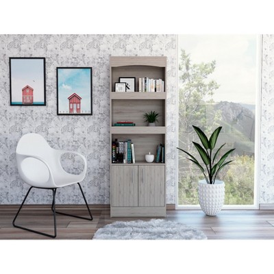 TOAOTBNBO 3 Tier Tall Bookcase with Metal Hardware, Open Bookshelves for Magazines Narrow Living Room Shelf with Double Doors, Gray