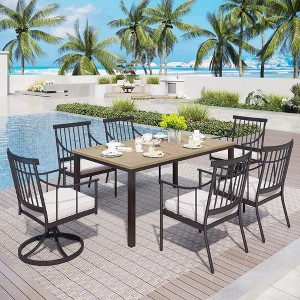 Captiva Designs 7pc Patio Wood-look Slat-top Steel Table with Umbrella Hole & Stylish Cushioned Arm Metal Chairs - 1 of 4