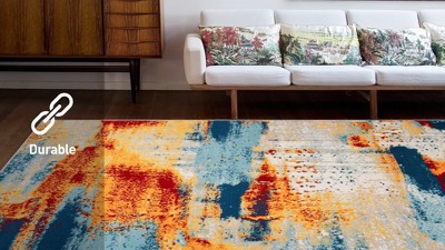 Large Blue and Orange Abstract Synthetic Area Rug