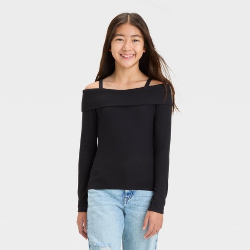 Girls Long Sleeve Off The Shoulder Ribbed T shirt Art Class Black Xs Target