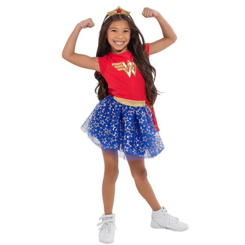 DC Comics Justice League Wonder Woman Girls Costume T-Shirt Tulle Skirt Headband and Cape 4 Piece Set Little Kid to Big Kid, 2 of 10