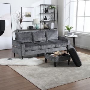 SeaCamel 3-Seat Solid Wood Chenille Sofa, Cup Holders & Storage Ottoman, Cozy Sectional for Living Room - 1 of 4