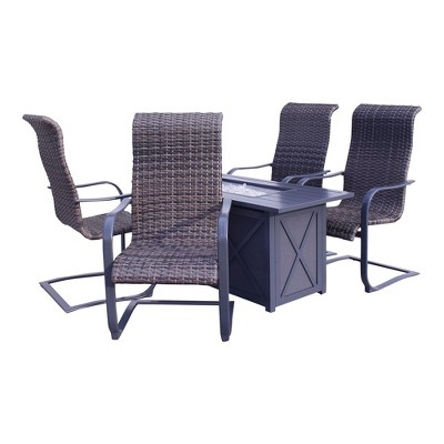 Courtyard Casual Santa Fe 5 pc Rectangle Fire Pit Set with Wicker Spring Chairs  Includes One Rectangle Fire Pit and Four Wicker Spring Chairs