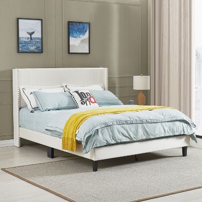 DOMETOUR Velvet Upholstered Bed Frame with Vertical Channel Tufted Headboard,Modern Decorative Nailheads