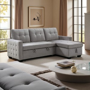 77" Reversible Storage L-Shaped Sectional Sofa with Pull-Out Bed, Velvet & Storage Chaise - 1 of 4