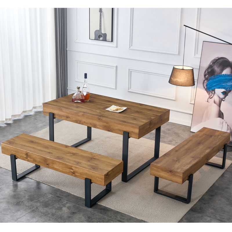 4/3-Piece Dining Table Set for 4-6 People, 59" Kitchen Table Set with Bench, Natural Wood Wash 4M - ModernLuxe, 2 of 14