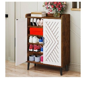 5-Tier Shoe Cabinet With 2 Doors Wood Slim Shoe Storage Cabinet Shoe Organizer Storage For Entryway,Hallway,Space Saving - 1 of 4