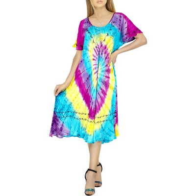 LA LEELA Women's Summer Holiday Casual Short Swing Dress Relaxed Pullover House Wear Dresses Medium/Large Multicolored, Tie Dye Design