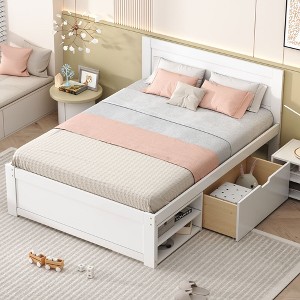 NicBex Twin/Full Bed Frame with Headboard,Platform Bed Frame with Drawer and 2 Shelves,No Box Spring Needed,Easy Assembly,Gray/White - 1 of 4