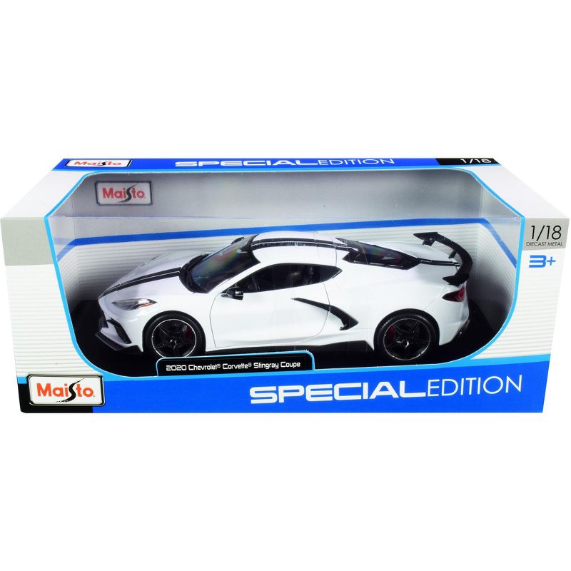 2020 Chevrolet Corvette Stingray C8 Coupe with High Wing White with Black Stripes 1/18 Diecast Model Car by Maisto, 4 of 5