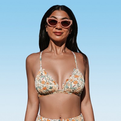 Women's Swimwear Ditsy Floral Scalloped V-neck Cross Back Bikini Top - Cupshe