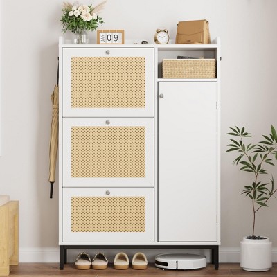 Rattan Shoe Cabinet with 3 Flip Drawers, 4-Tier Shoe Storage Cabinet for Entryway