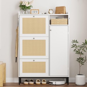 Rattan Shoe Cabinet with 3 Flip Drawers, 4-Tier Shoe Storage Cabinet for Entryway - 1 of 4