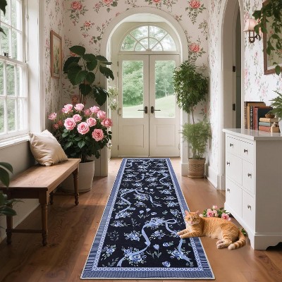 Floral Bow Rugs , Rug for Living Room with Soft Low Pile, Blue Washable Area Rug for Nursery Kids Dorm Playroom