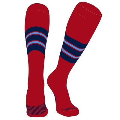 PEAR SOX Striped OTC Baseball, Softball, Football Socks (E) Red, Navy, Sky Blue (XL)