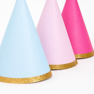 Bright Multicolor Cone Party Hats with Gold Glitter Band