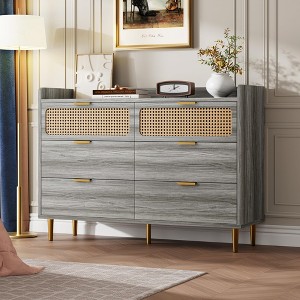 6 Drawer Double Dresser,Mid Century Modern Gold Closet Dresser with High Legs,Dressers TV Stand with Railed Edge,Rattan Design,Large Storage Organizer - 1 of 4