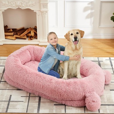 Human Dog Bed, 71''x45''x12'' Large Dog Bed with Blanket, Storage Pockets, Portable Handle, Removable Cover, Human Size Pet Bed