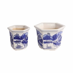 Sagebrook Home 2pc Chinoiserie Ceramic Indoor Outdoor Planter Pot Blue/White - 1 of 4
