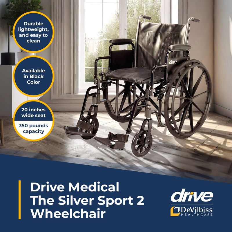 Drive Medical SSP220DDA-SF Silver Sport 2 Mobility Aid Wheelchair with 20 Inch Wide Seat, Powder Coated Steel Frame, and Swing Away Foot Rests, Black, 3 of 7